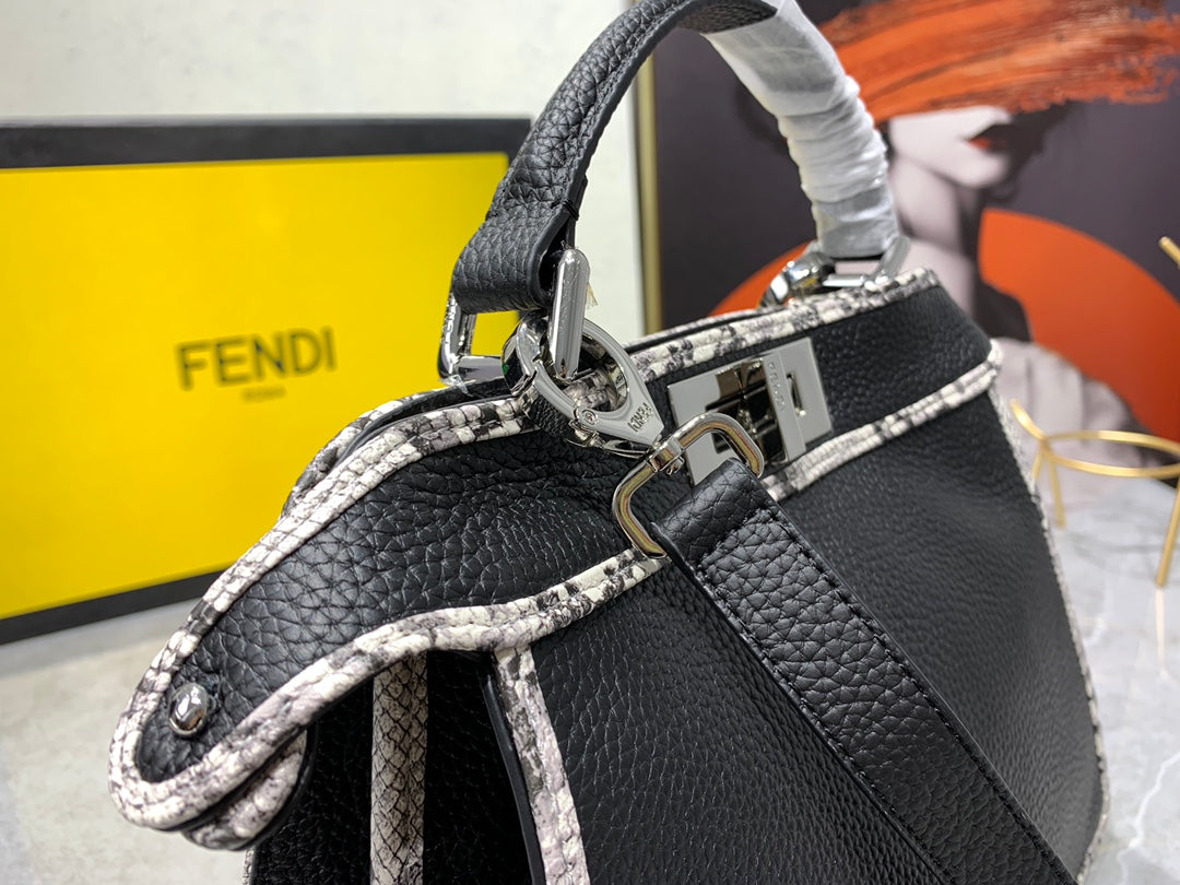 Fendi Peekaboo Black Leather Handbag with Snakeskin Trim