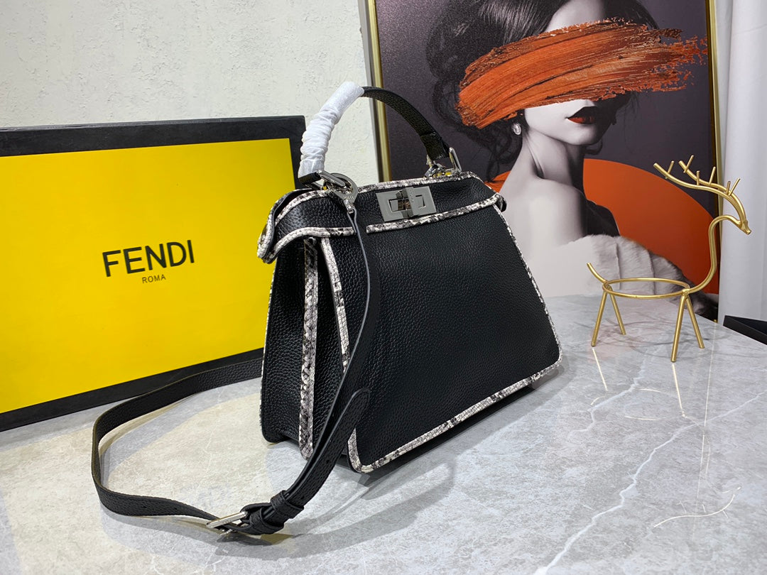 Fendi Peekaboo Black Leather Handbag with Snakeskin Trim