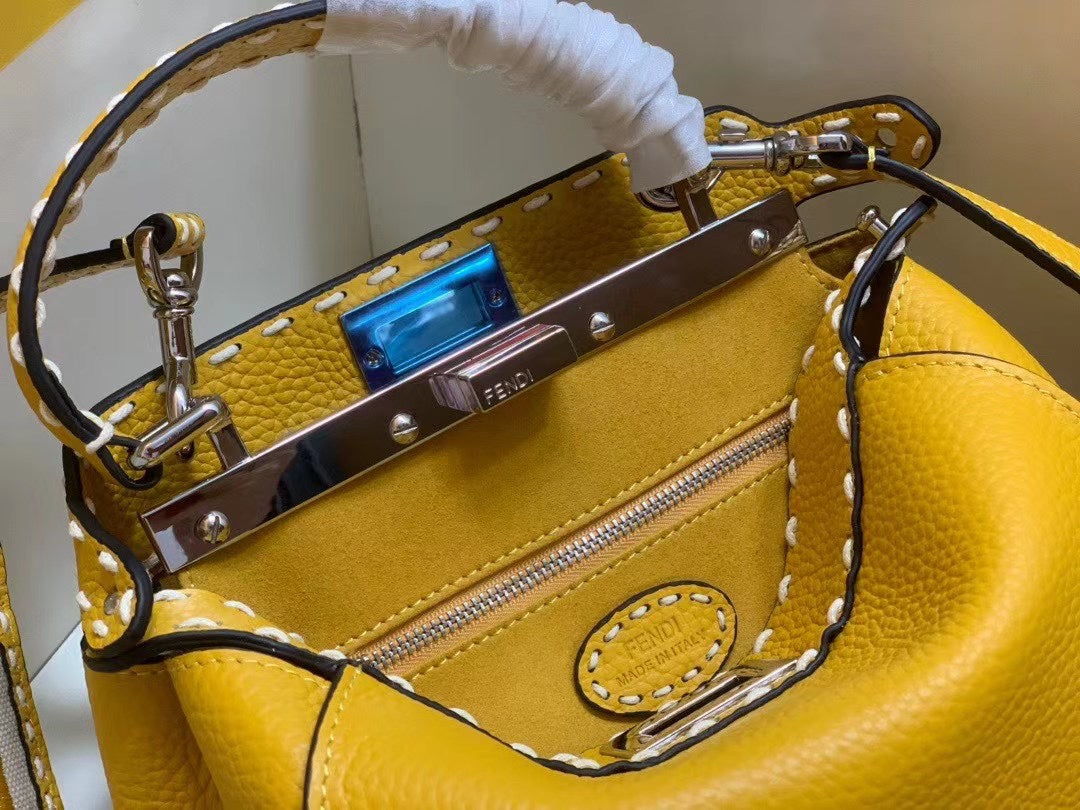 Fendi Mini Peekaboo ISeeU Leather Handbag in Yellow with FF Logo Strap and Nano Baguette Charm