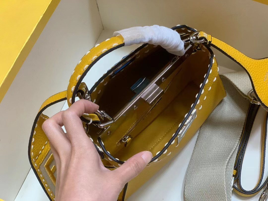 Fendi Mini Peekaboo ISeeU Leather Handbag in Yellow with FF Logo Strap and Nano Baguette Charm