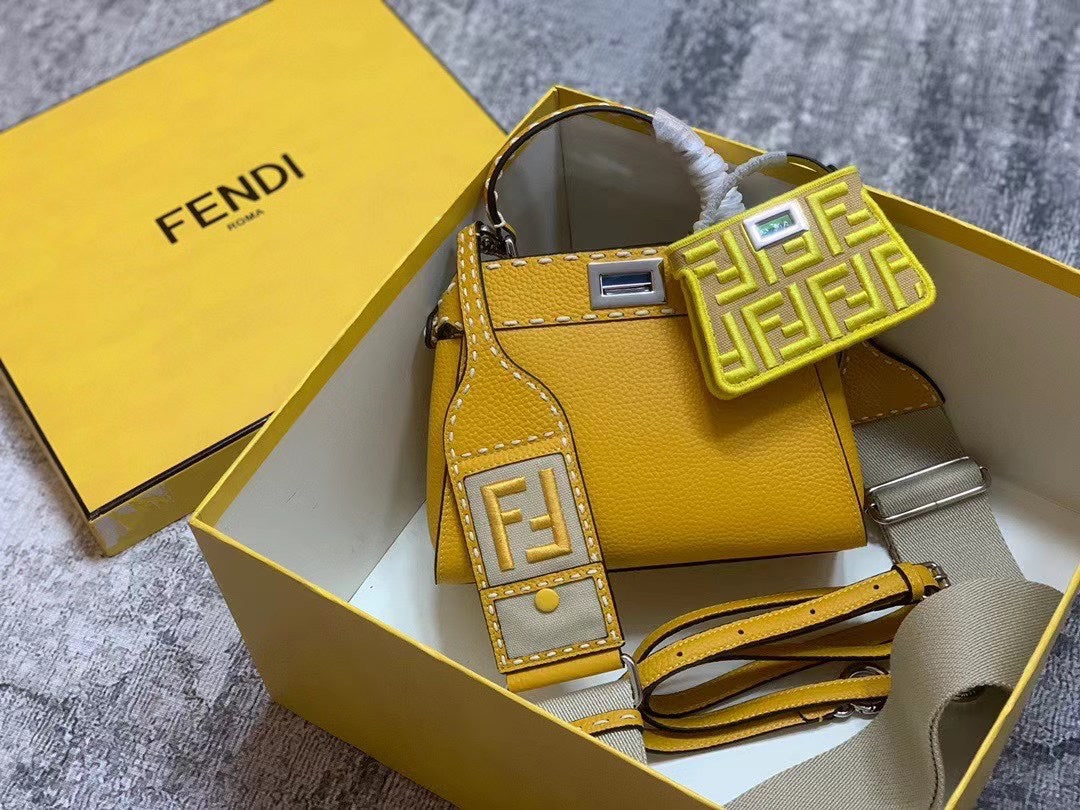 Fendi Peekaboo Mini Yellow Leather Handbag with FF Monogram Pouch and Strap
