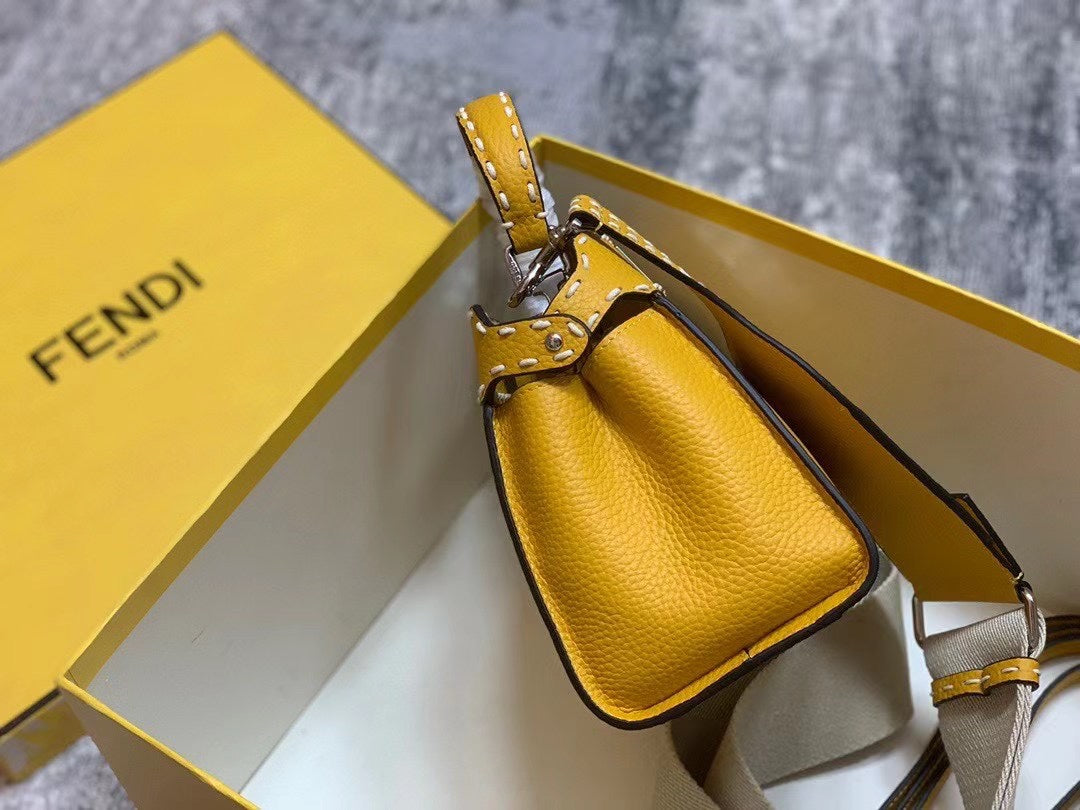 Fendi Mini Peekaboo ISeeU Leather Handbag in Yellow with FF Logo Strap and Nano Baguette Charm