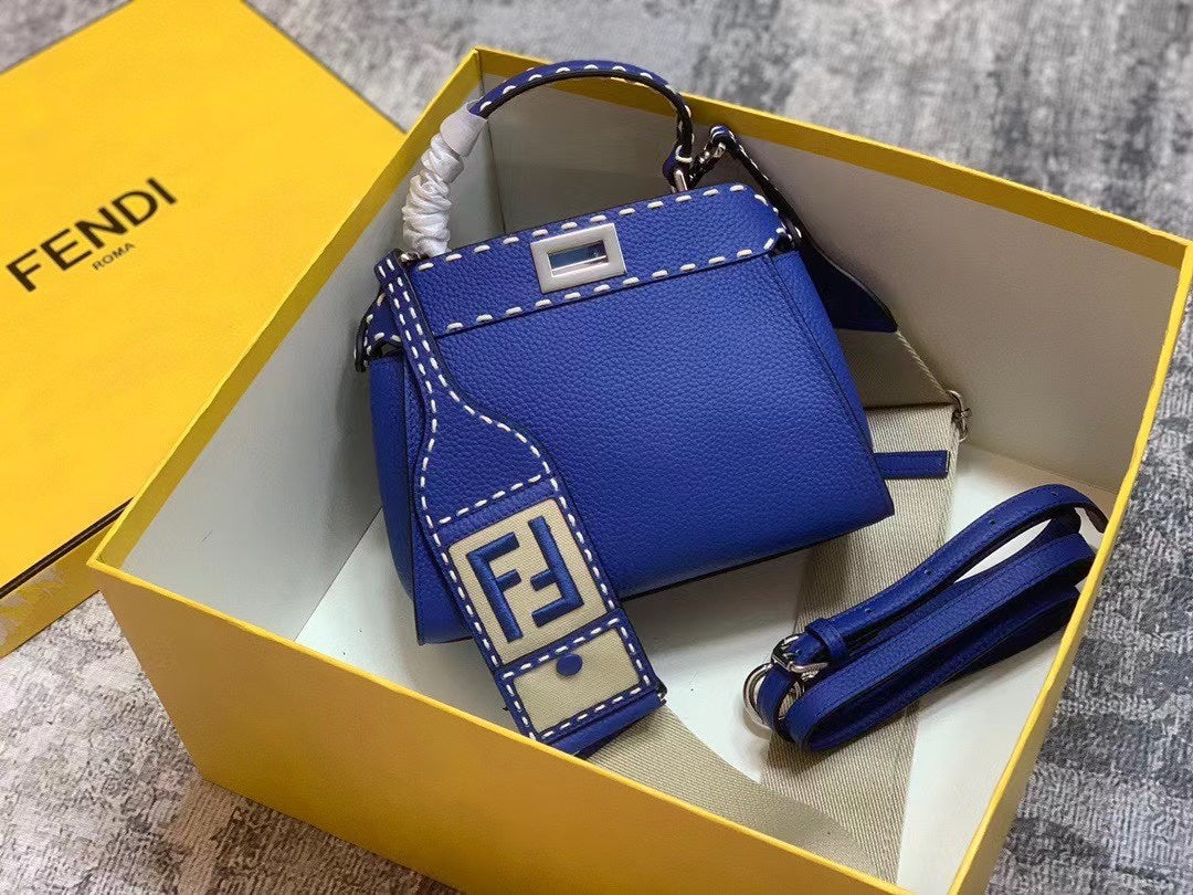 Fendi Peekaboo Iconic Mini Blue Leather Handbag with FF Logo Charm