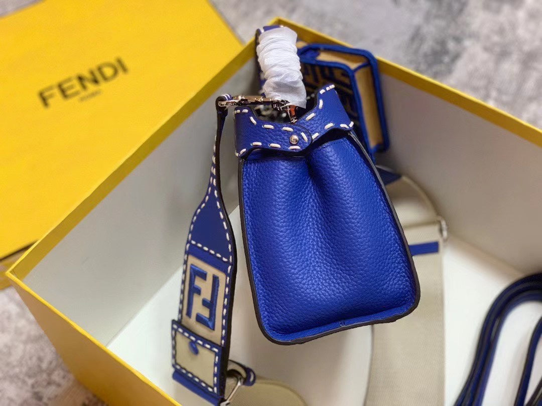 Fendi Electric Blue Leather Handbag with Contrast Stitching and FF Logo Accessory
