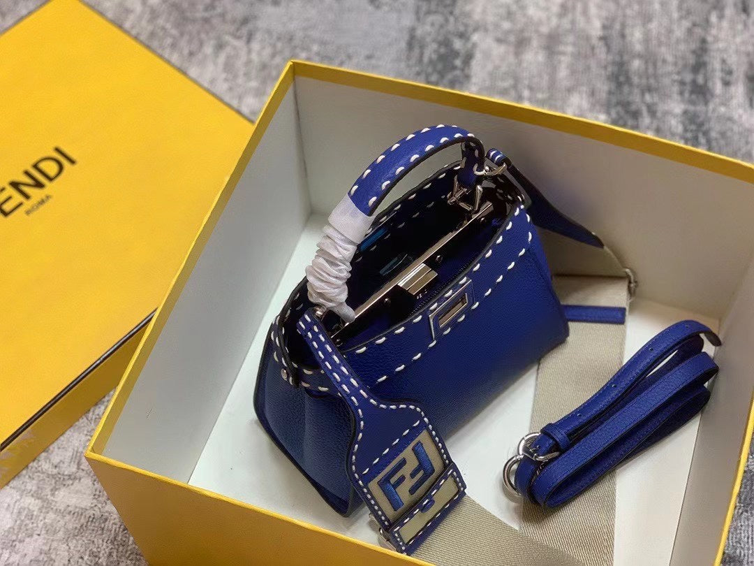 Fendi Peekaboo Selleria Mini Blue Leather Handbag with FF Logo Charms