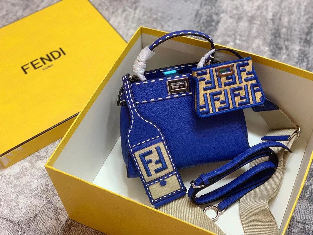Fendi Peekaboo Selleria Mini Blue Leather Handbag with FF Logo Charms