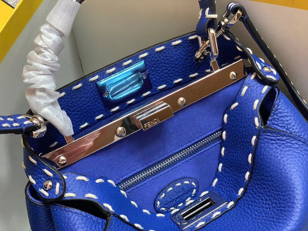Fendi Peekaboo Iconic Mini Blue Leather Handbag with FF Logo Charm