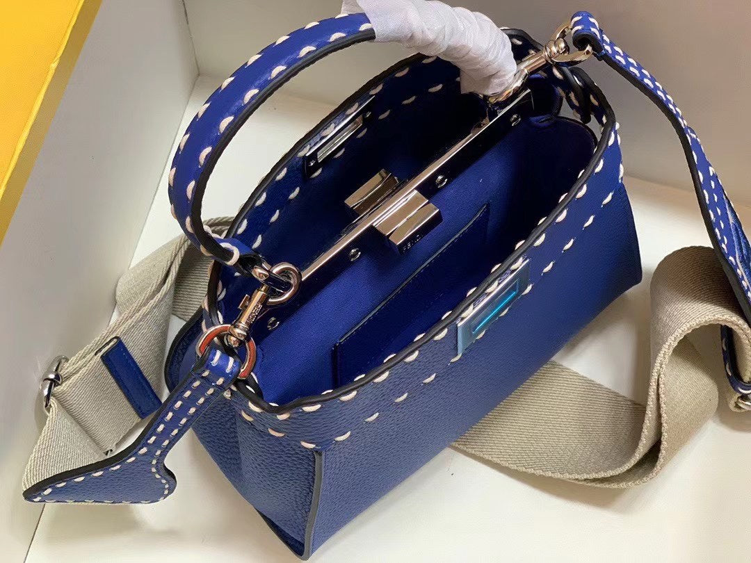 Fendi Peekaboo Selleria Mini Blue Leather Handbag with FF Logo Charms
