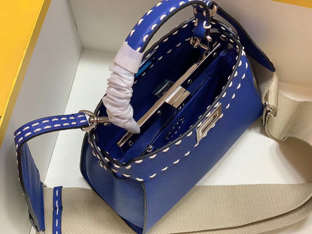 Fendi Peekaboo Iconic Mini Blue Leather Handbag with FF Logo Charm