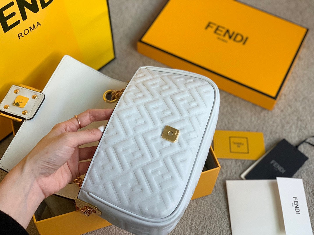 Fendi Baguette White FF Embossed Leather Shoulder Bag