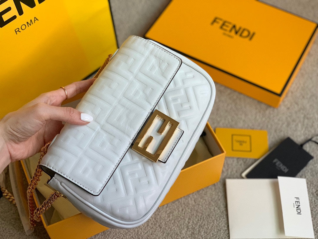 Fendi Baguette White Embossed Leather Shoulder Bag with Gold Hardware