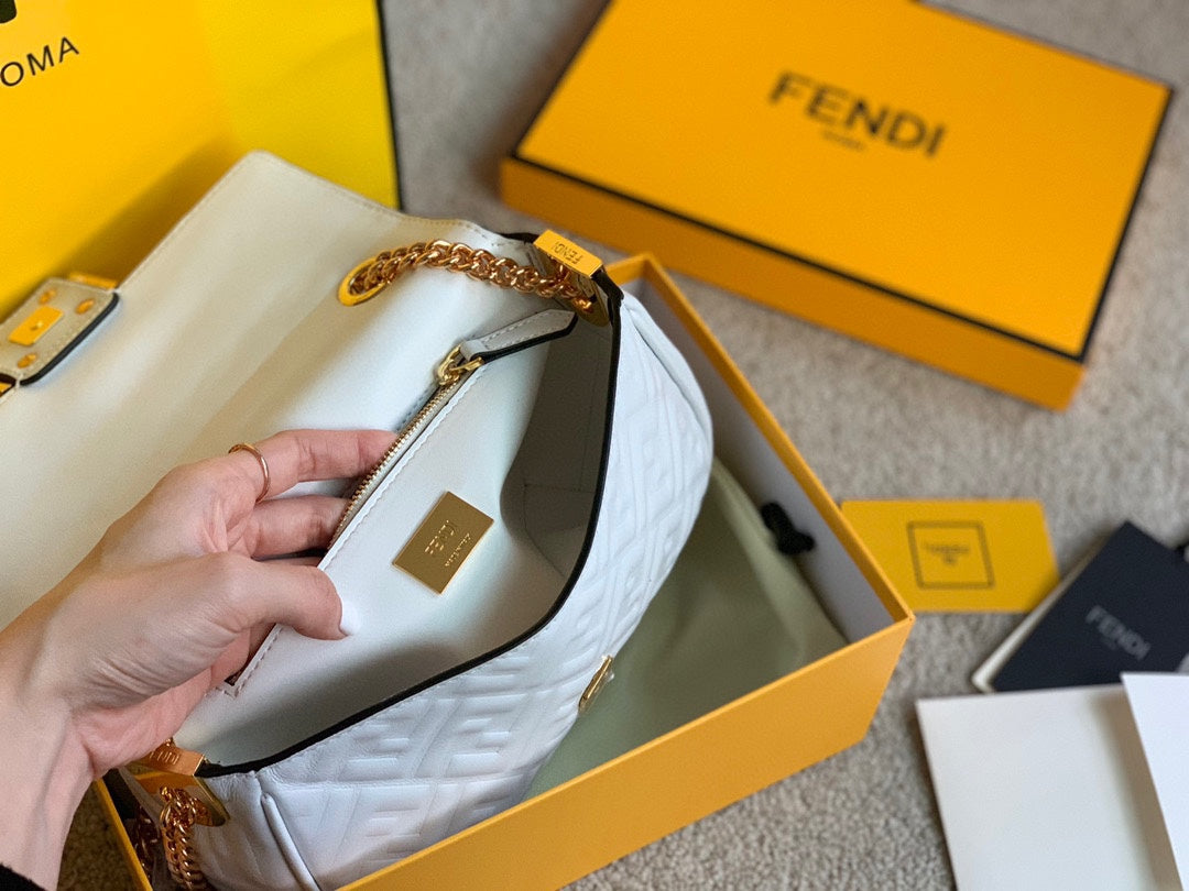 Fendi Baguette White FF Embossed Leather Shoulder Bag