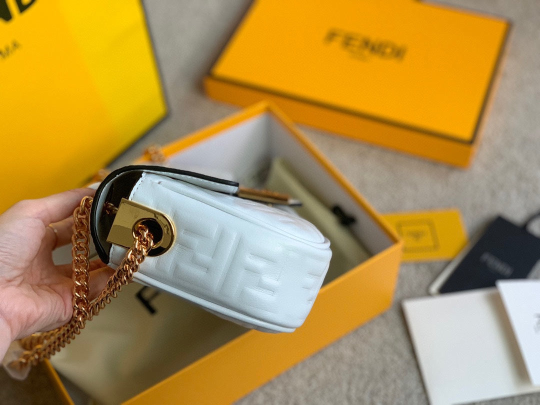 Fendi Baguette White FF Embossed Leather Shoulder Bag