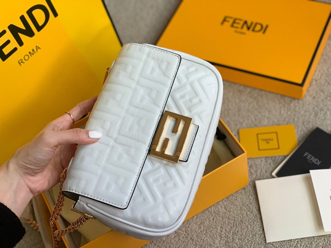 Fendi Baguette White Leather Bag with Embossed FF Logo