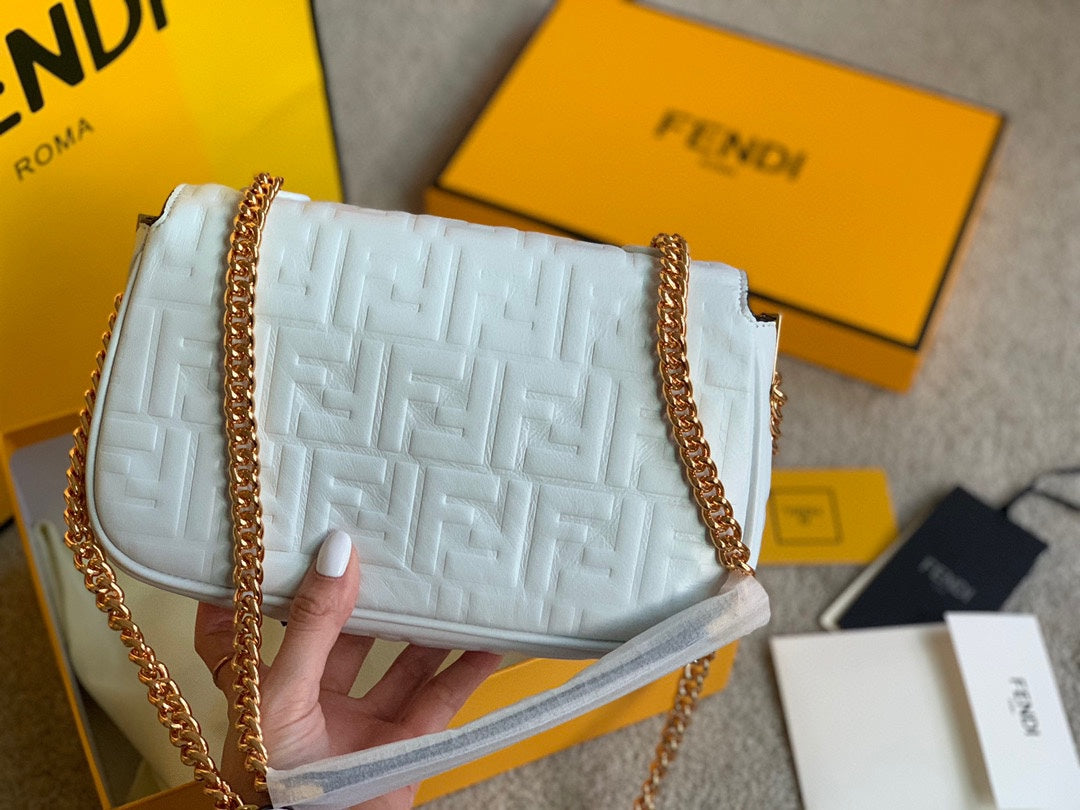 Fendi Baguette White Leather Bag with Embossed FF Logo