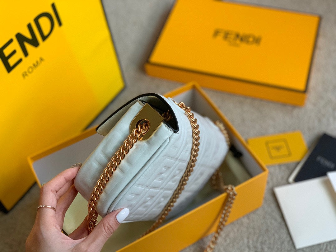 Fendi Baguette White Leather Bag with Embossed FF Logo