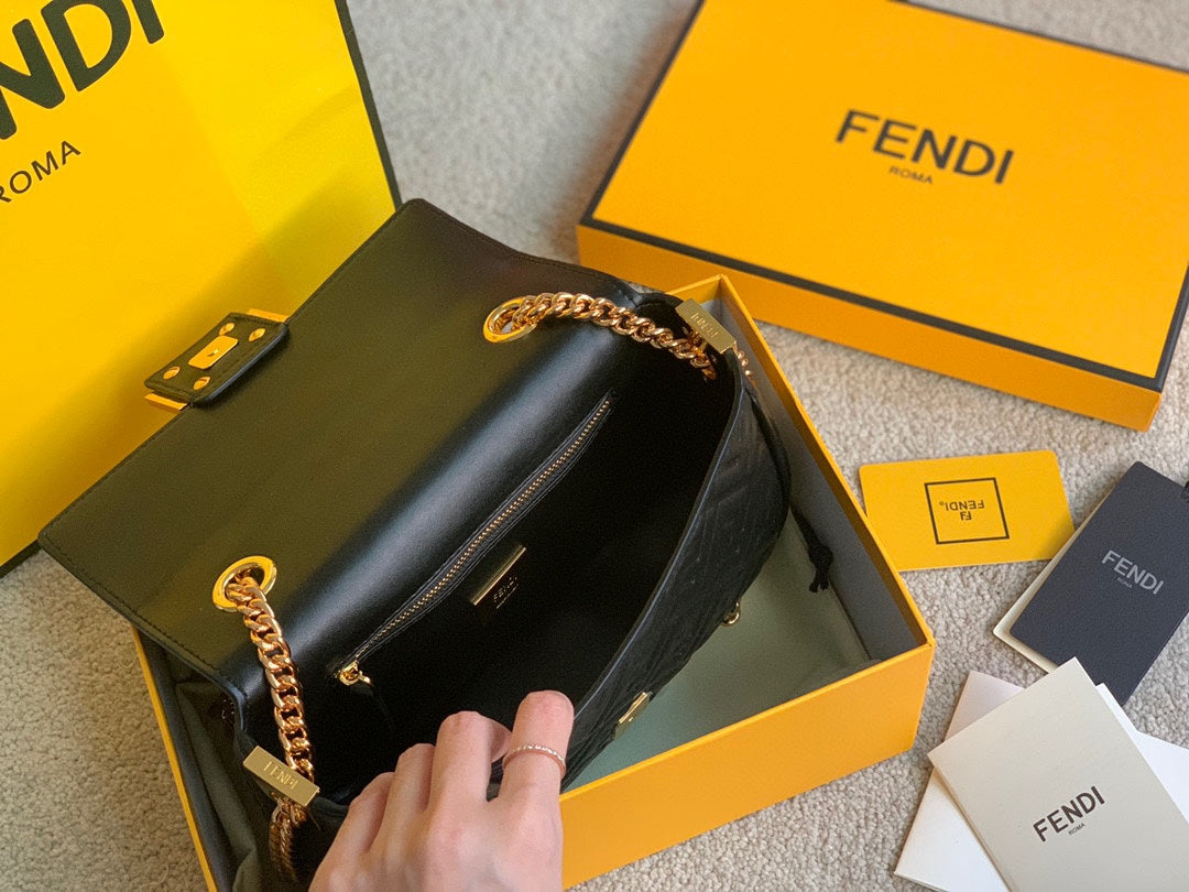 Fendi Black Quilted Nappa Leather Baguette Bag with Gold-Tone FF Logo