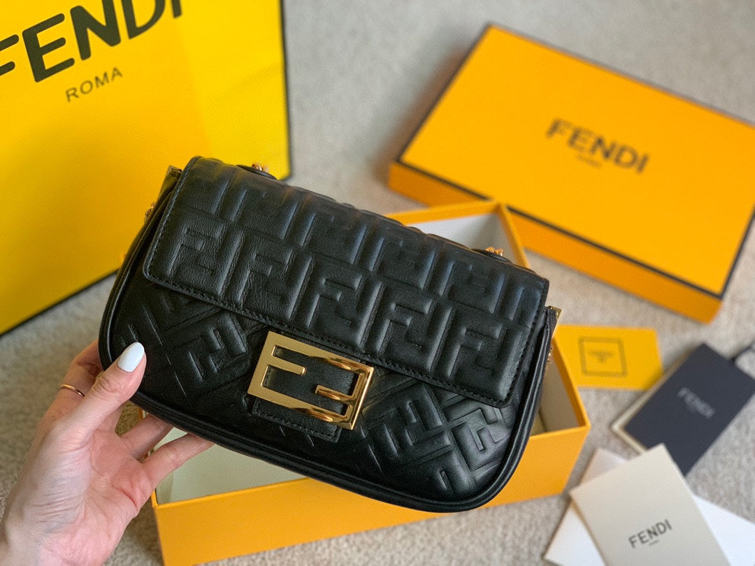 Fendi Baguette Black Embossed FF Leather Shoulder Bag with Gold-Tone Hardware