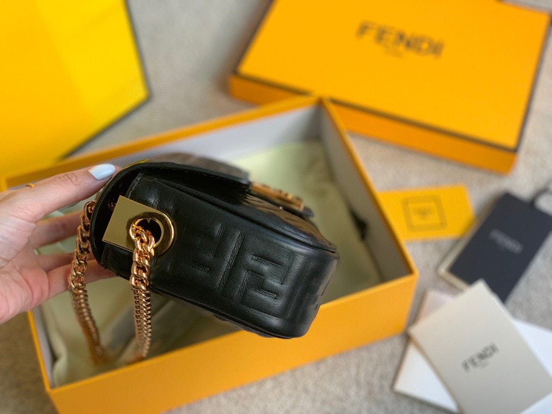 Fendi Black Quilted Nappa Leather Baguette Bag with Gold-Tone FF Logo