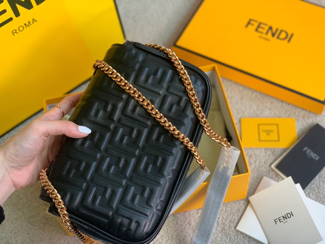 Fendi Baguette Black Embossed FF Leather Shoulder Bag with Gold-Tone Hardware