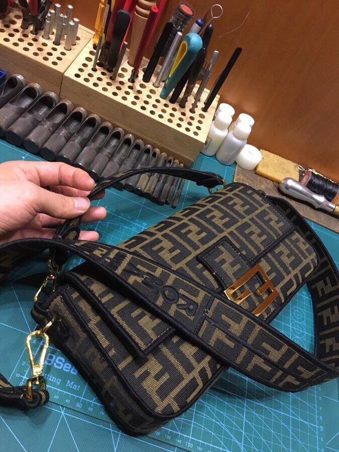 Fendi Zucca Monogram Canvas Baguette Handbag - Brown and Tan