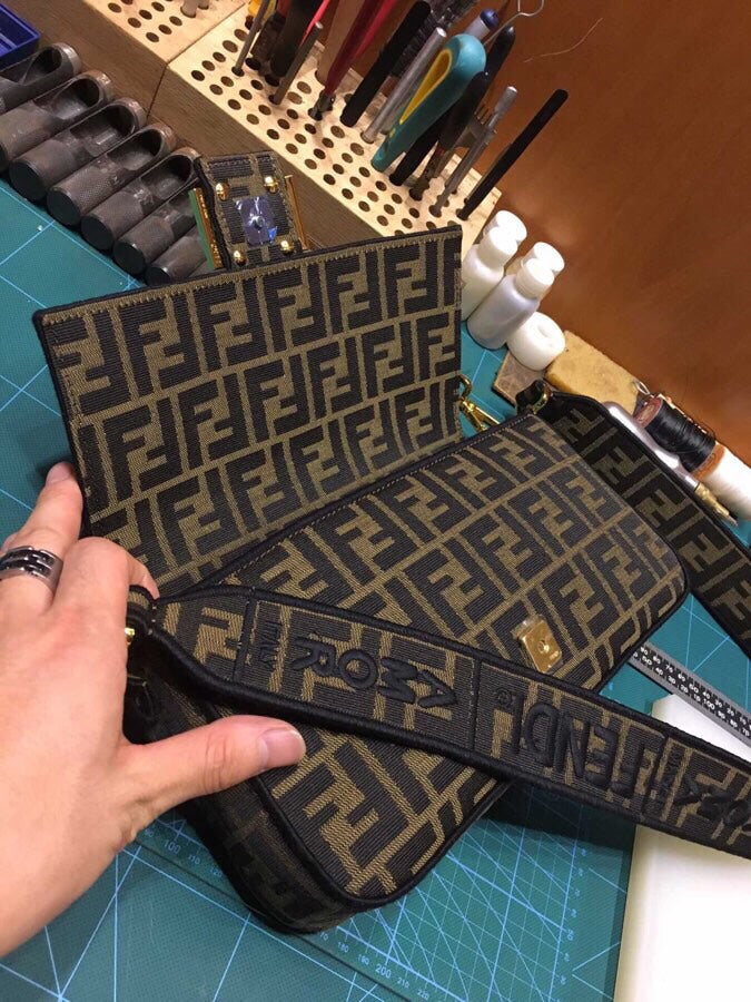 Fendi Zucca Monogram Canvas Baguette Handbag - Brown and Tan