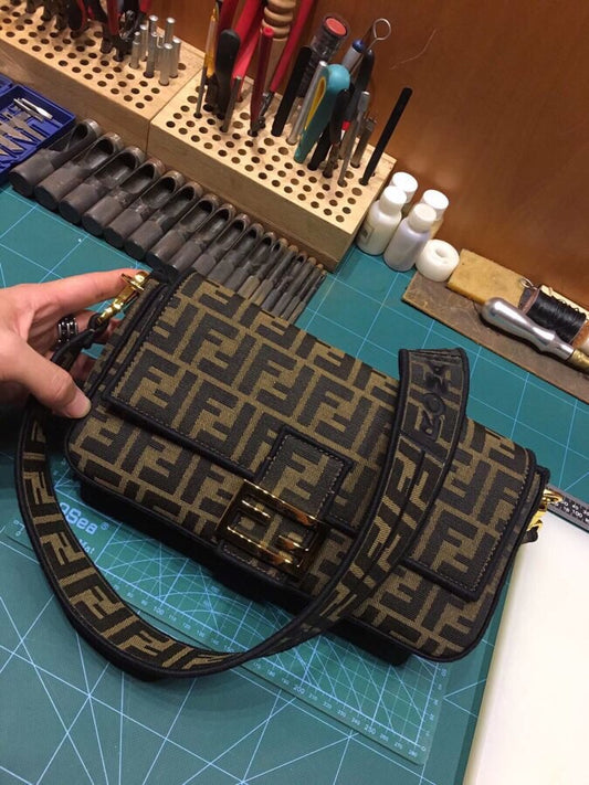 Fendi Zucca Monogram Canvas Baguette Handbag - Brown and Tan