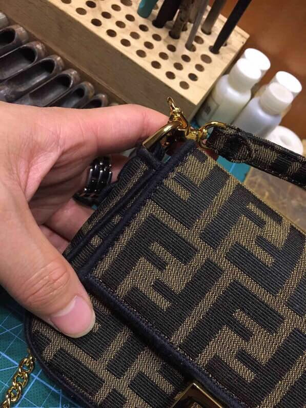 Fendi Mini Baguette Bag in Tobacco Zucca Canvas with Gold-Tone FF Buckle