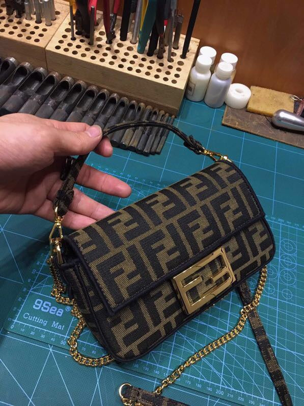 Fendi Mini Baguette Bag in Tobacco Zucca Canvas with Gold-Tone FF Buckle
