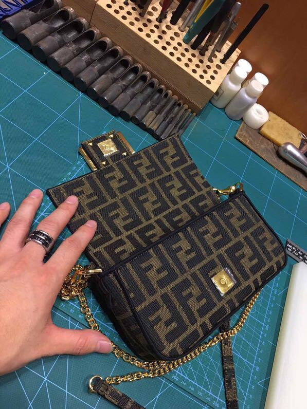 Fendi Mini Baguette Bag in Brown Zucca Canvas with Gold-Tone Hardware