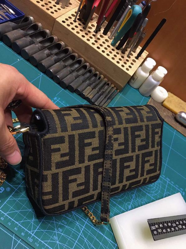 Fendi Mini Baguette Bag in Tobacco Zucca Canvas with Gold-Tone FF Buckle