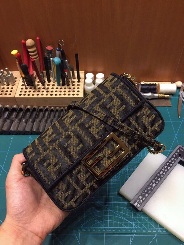 Fendi Mini Baguette Bag in Tobacco Zucca Canvas with Gold-Tone FF Buckle