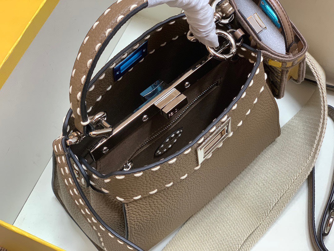 Fendi Peekaboo ISeeU Medium Leather Bag with FF Motif Strap and Mini Bag Charm - Brown