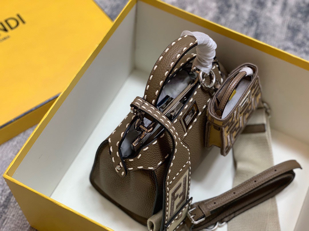 Fendi Peekaboo ISeeU Medium Leather Bag with FF Motif Strap and Mini Bag Charm - Brown