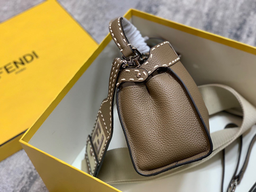 Fendi Peekaboo Iconic Mini Brown Leather Handbag with FF Logo Strap and Charm