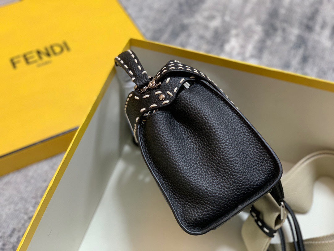 Fendi Peekaboo Leather Handbag with FF Motif Strap and Mini Bag Charm