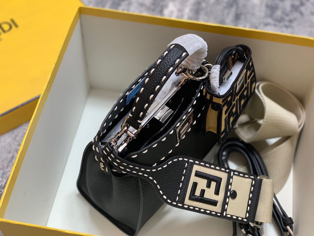 Fendi Peekaboo ISeeU Black Leather Handbag with FF Logo Strap and Mini Pouch