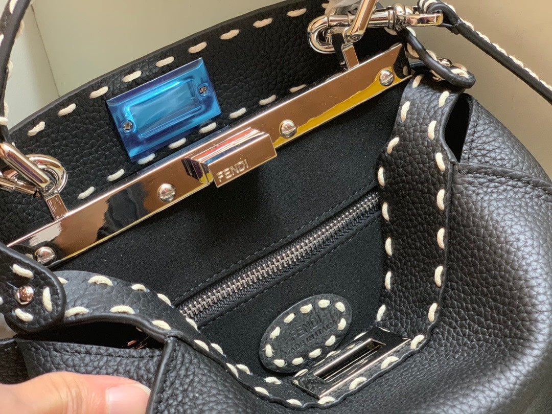 Fendi Peekaboo Leather Handbag with FF Motif Strap and Mini Bag Charm