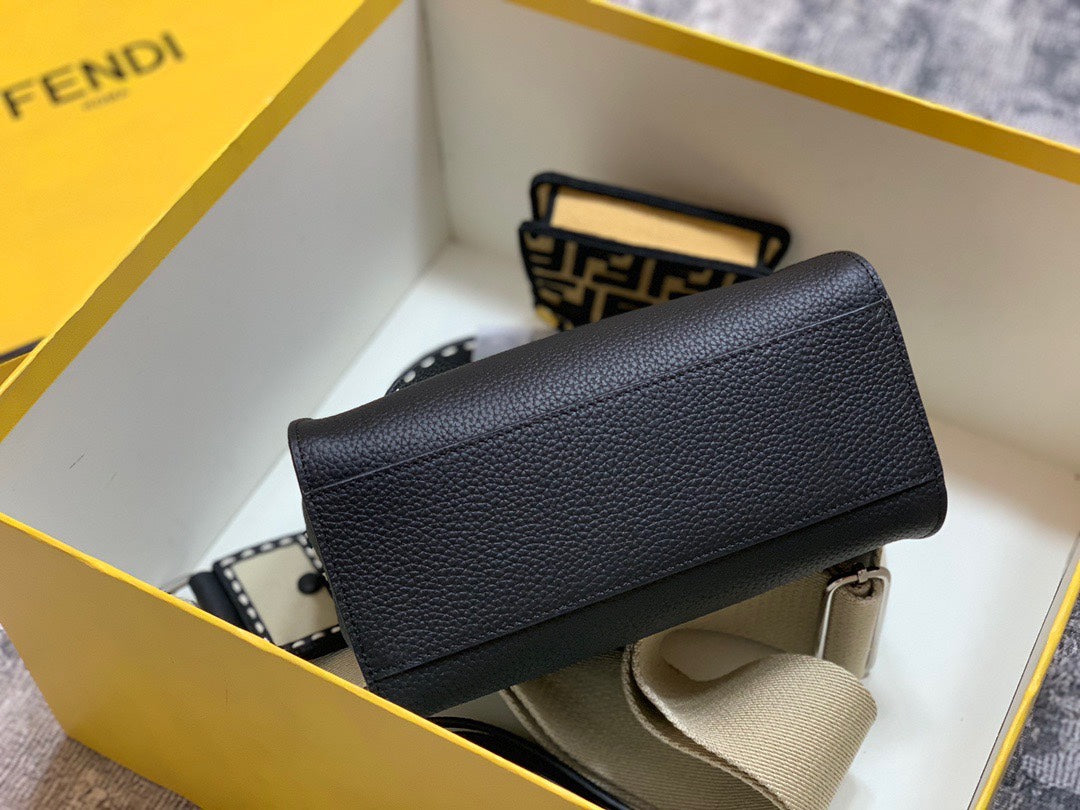 Fendi Peekaboo ISeeU Black Leather Handbag with FF Logo Strap and Charm