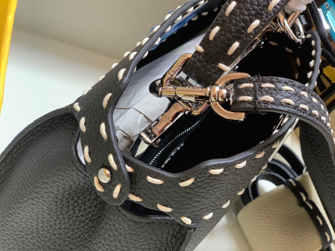 Fendi Peekaboo ISeeU Black Leather Handbag with FF Logo Strap and Charm