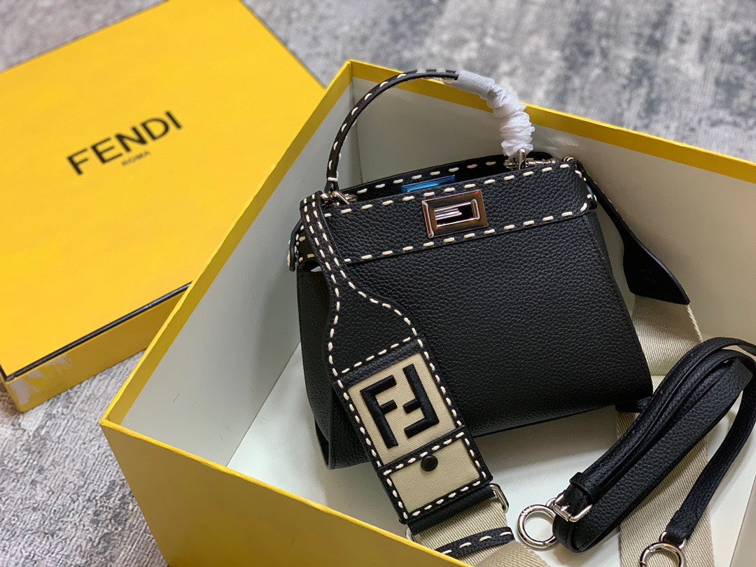 Fendi Peekaboo Leather Handbag with FF Motif Strap and Mini Bag Charm
