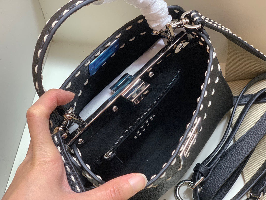 Fendi Peekaboo ISeeU Black Leather Handbag with FF Logo Strap and Mini Pouch