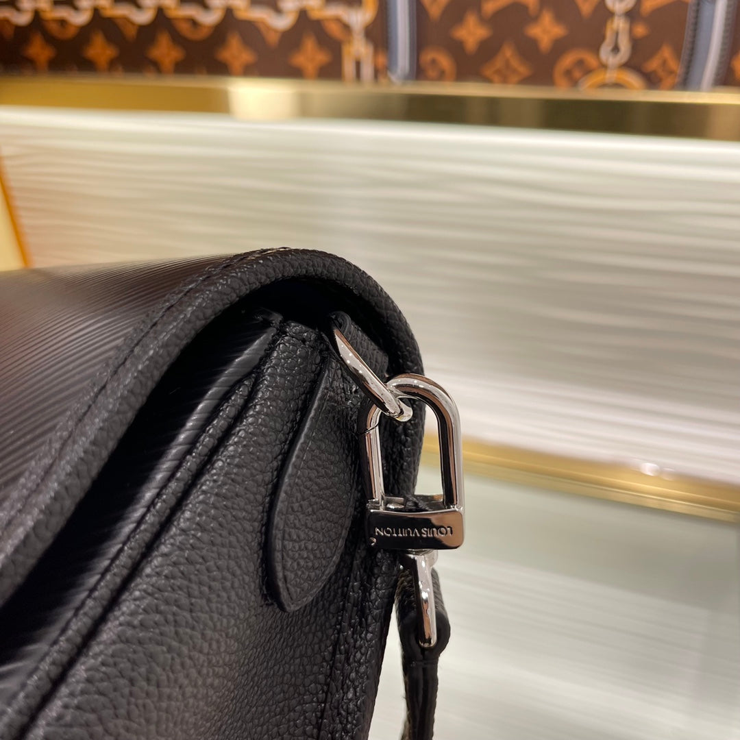 Louis Vuitton Classic Black Embossed Leather Shoulder Handbag with Metal Clasp