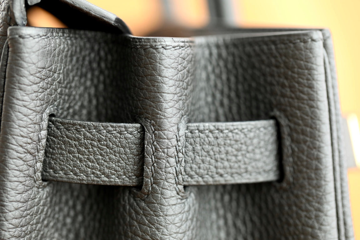 Classic Black Leather Birkin Style Handbag - Premium Top Handle Bag with Silver Hardware