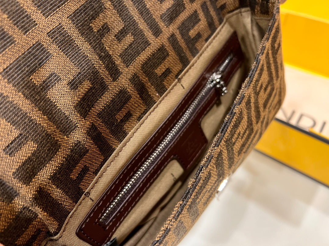 Fendi Zucca Monogram Canvas Baguette Shoulder Bag - Brown FF Logo 26x13cm