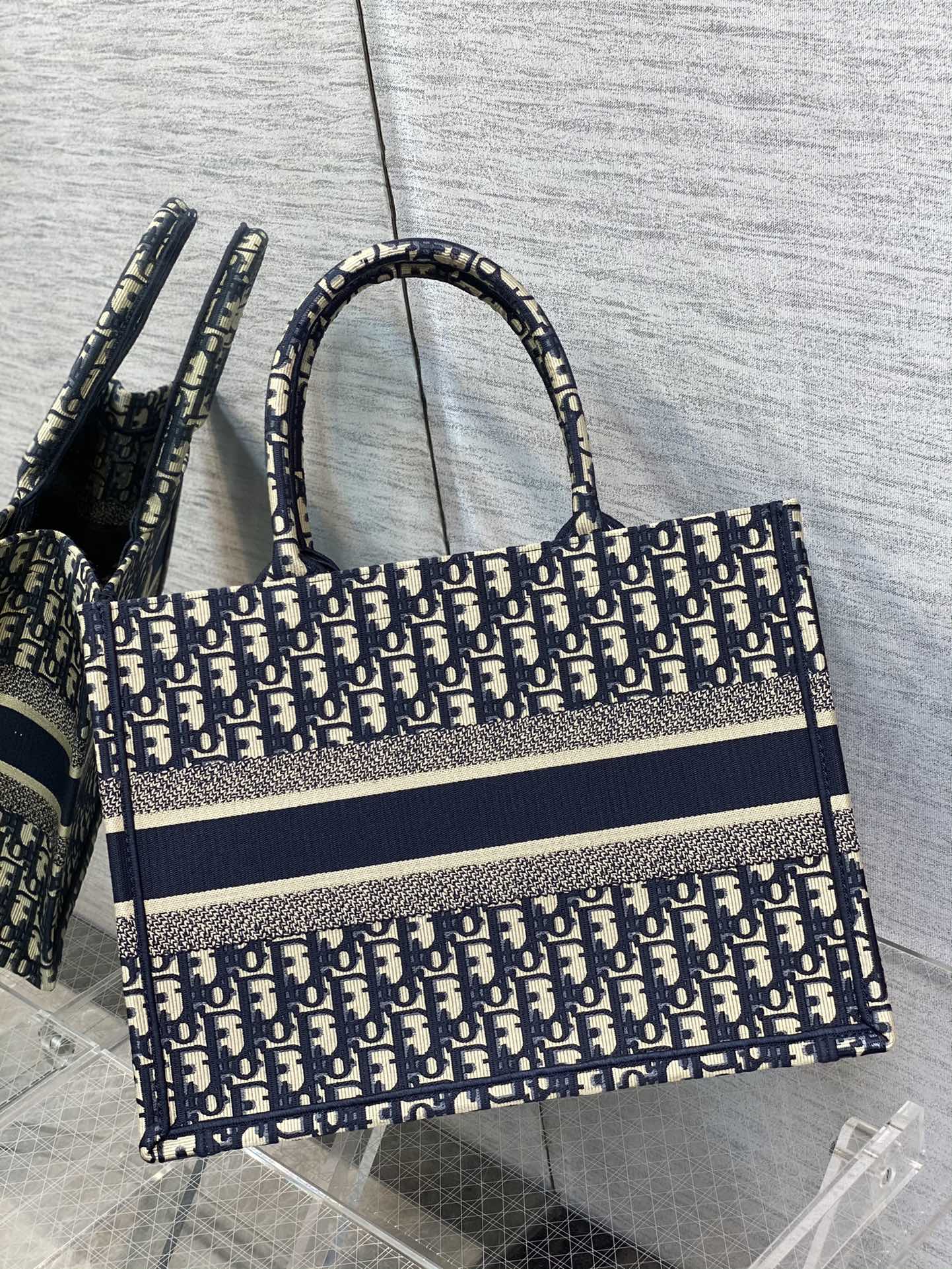 Christian Dior Medium Book Tote Blue Dior Oblique Embroidery Handbag