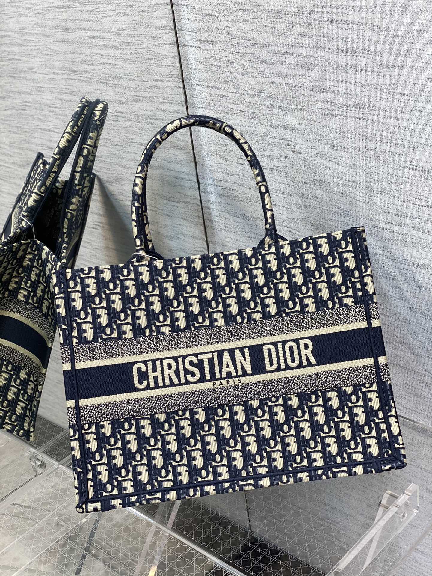 Christian Dior Medium Book Tote Blue Dior Oblique Embroidery Handbag