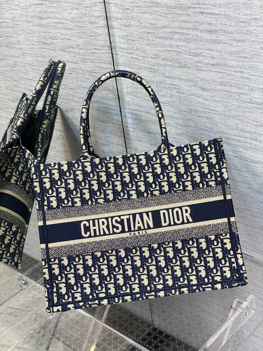 Dior Blue and White Monogram Canvas Tote Bag Classic Top Handle Handbag