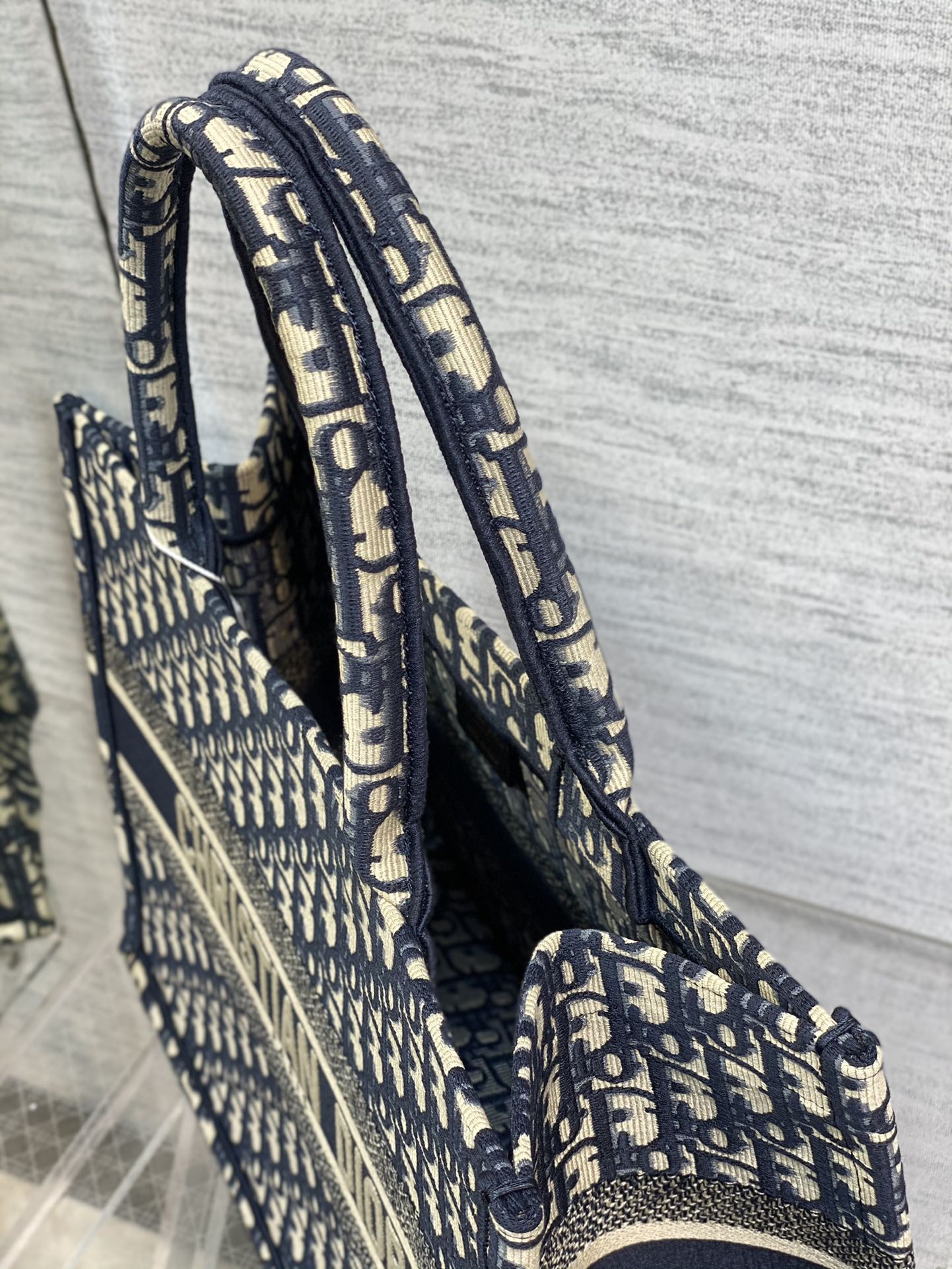 Dior Navy Blue Monogram Embroidered Canvas Tote Bag with Top Handles