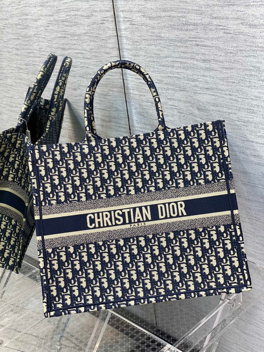 Dior Navy Blue Monogram Canvas Tote Bag Large Carryall Handbag